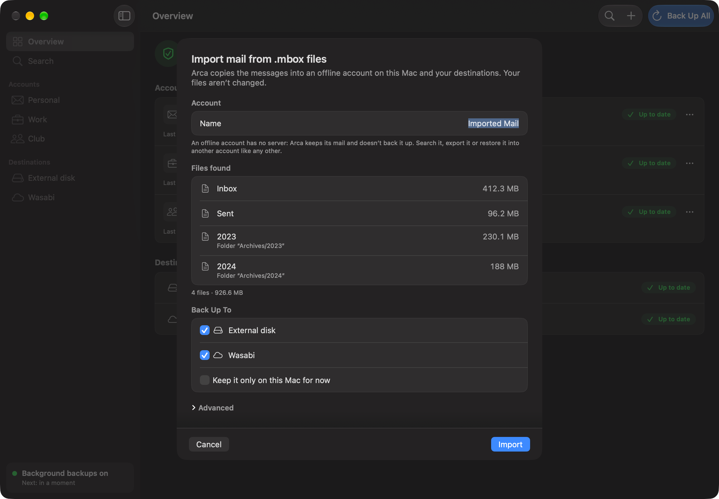 “Import mail from .mbox files” sheet: four files found (Inbox, Sent and two archive folders, 926.6 MB in total) go into an offline account called “Imported Mail”, backed up to the external disk and Wasabi.