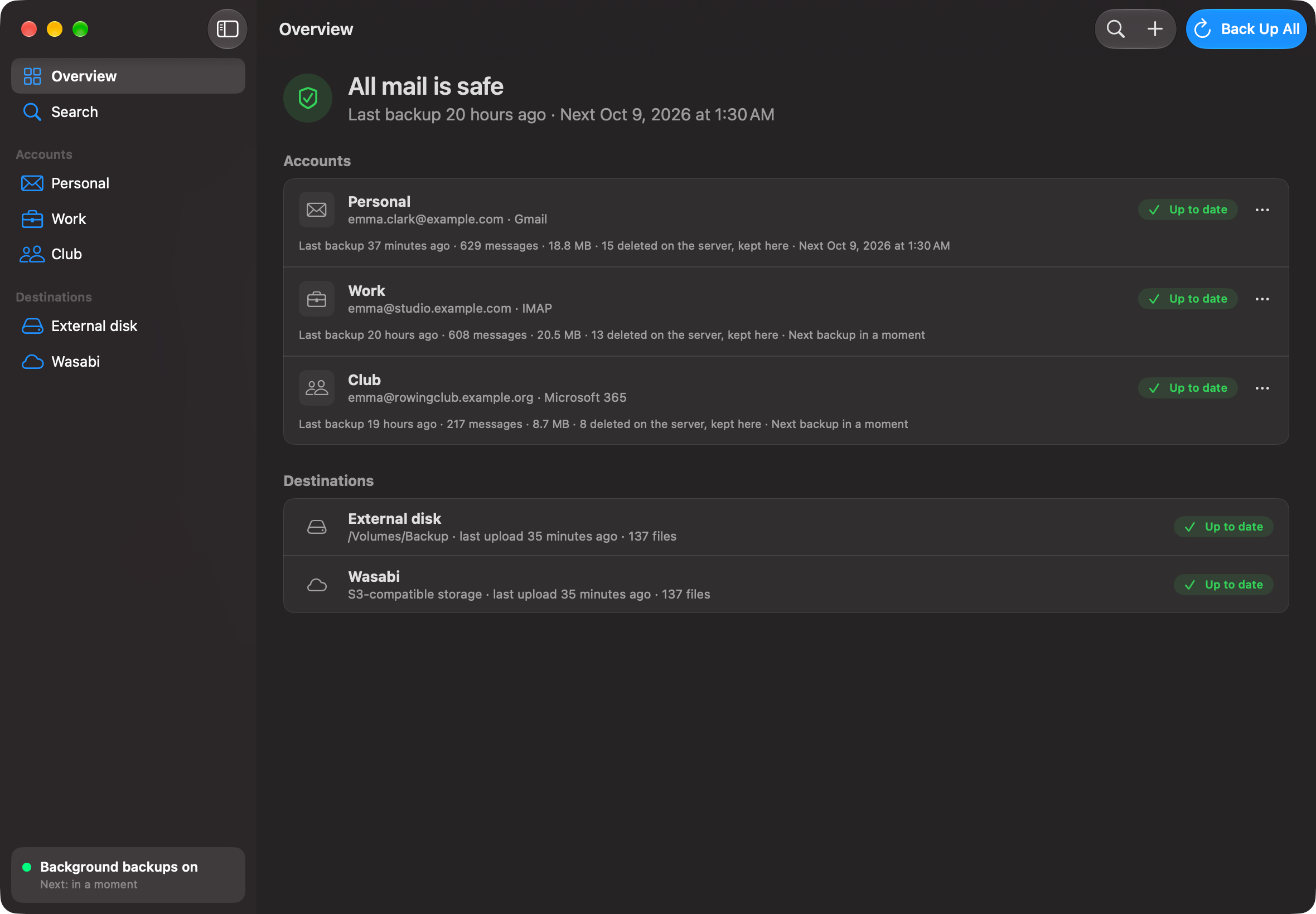 Arca Mail Backup overview window: “All mail is safe”. Three accounts (Personal on Gmail, Work on IMAP and Club on Microsoft 365) and two destinations, an external disk and Wasabi, all up to date, each noting the messages deleted on the server and kept in the backup.